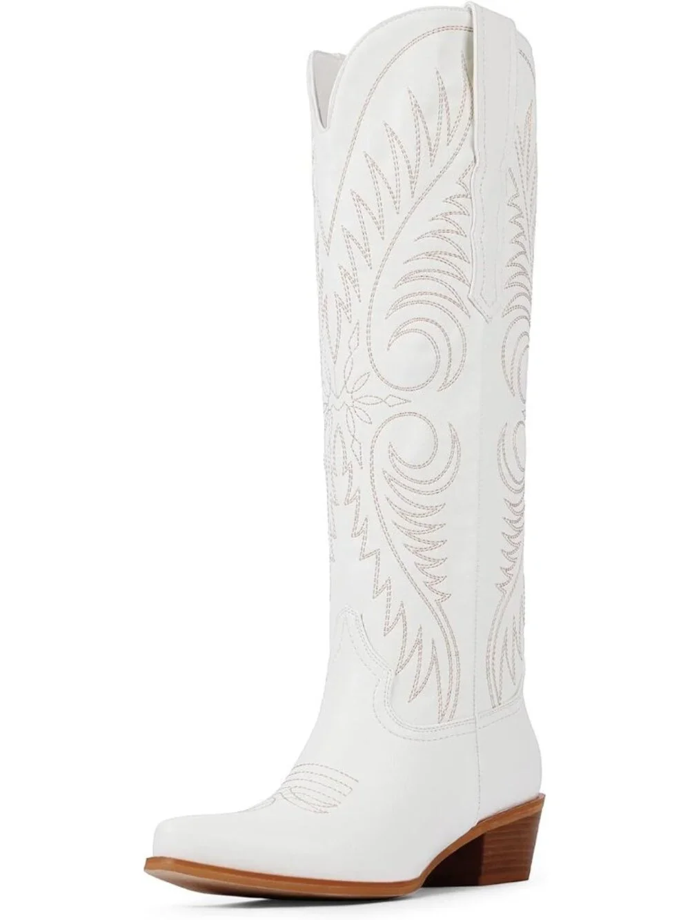 Women's White Embroidered Western Pointed Toe Side Zipper Knee High Cowgirl Boot